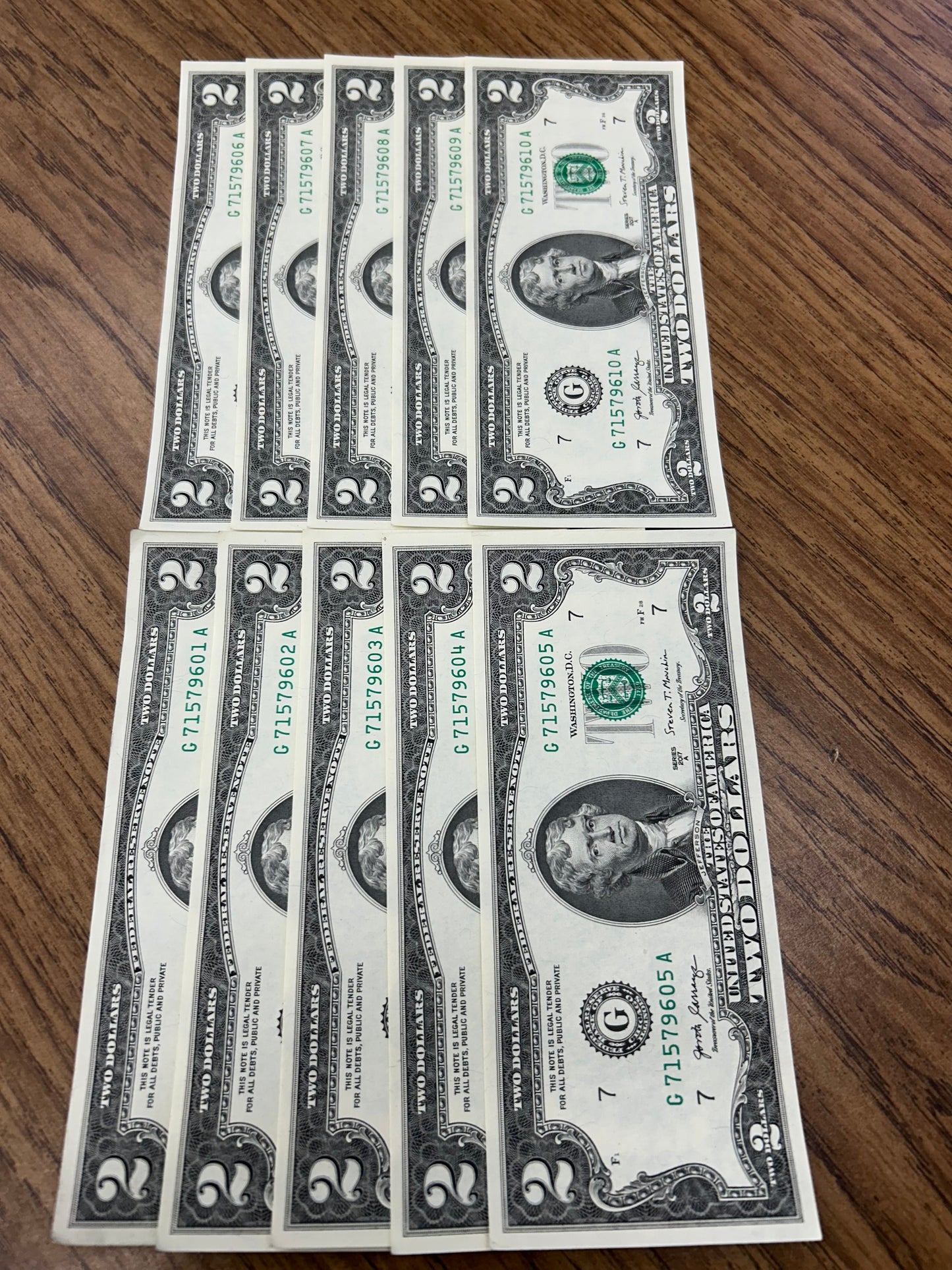 new sequential 10 - 2 dollar bills $20.00 face value.